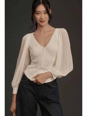 NWT By Anthropologie Sheer Long-Sleeve V-Neck Sweater
